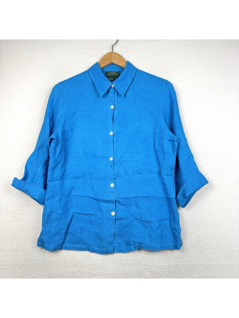 Lauren Ralph Lauren Womens Medium 100% Linen Blue Crop Sleeve Button Up Shirt